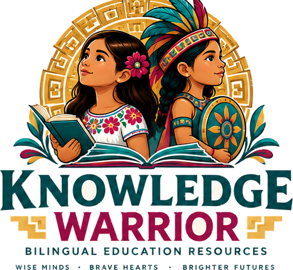 Logotipo de Knowledge Warrior: dos niñas, una leyendo un libro y otra con un escudo, frente a un círculo dorado sobre un libro abierto. Wise Minds, Brave Hearts, Brighter Futures.
